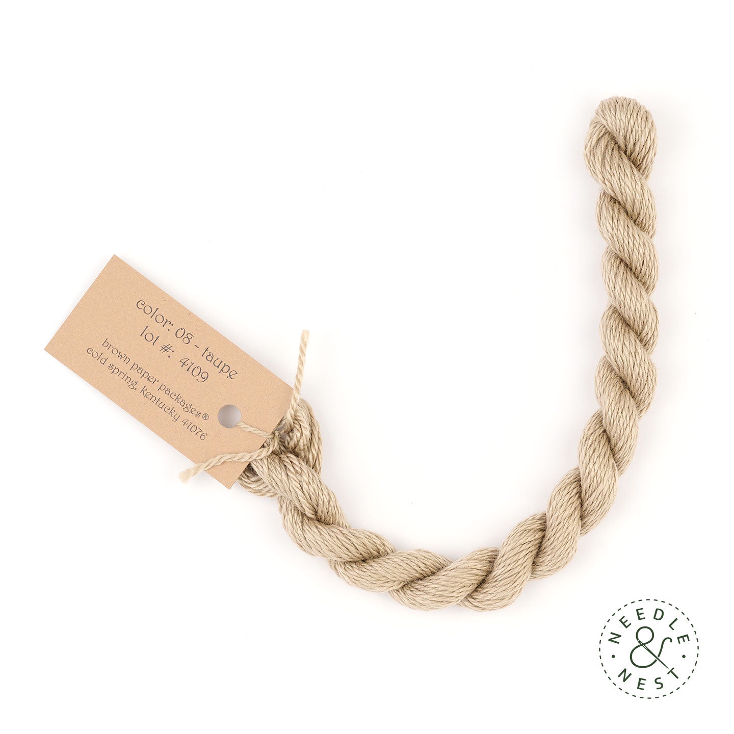 Silk & Ivory Taupe Thread on a White Background